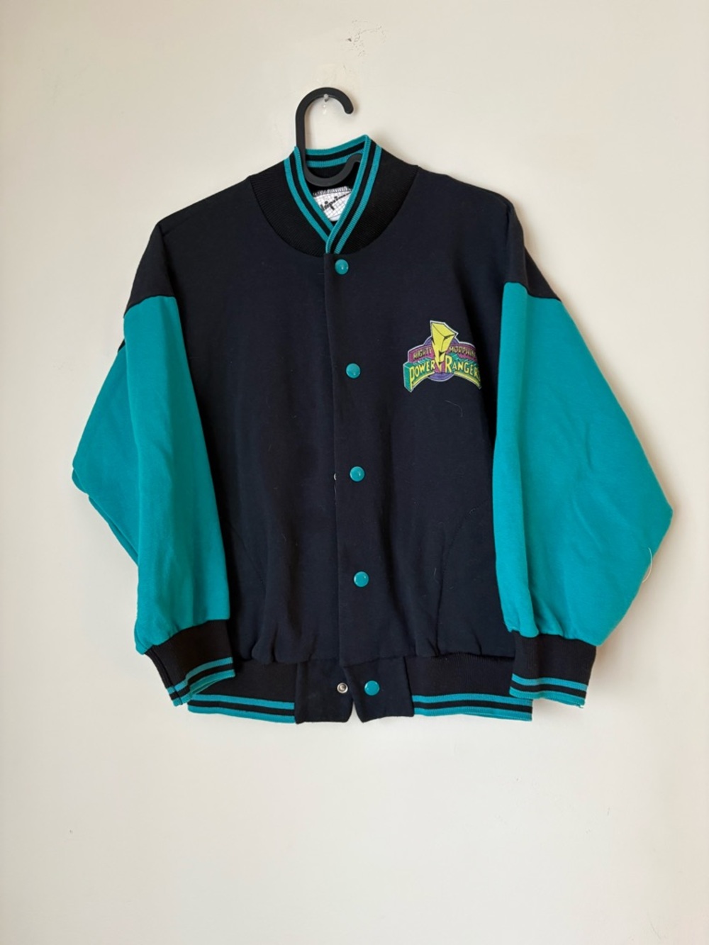 VINTAGE 1994 Power Ranger Kids Black & Teal Bomber Jacket boys 10